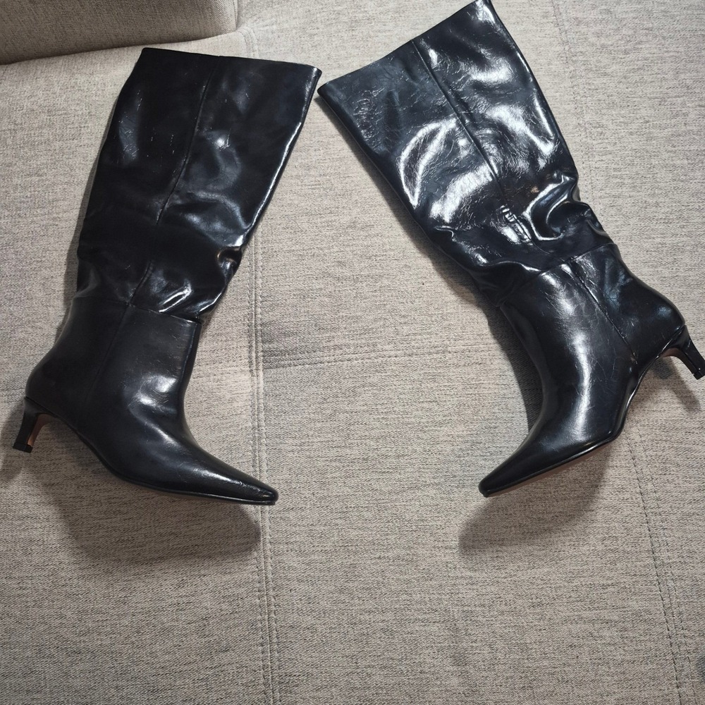 Black Patent Leather Knee High Boots Pointed Toe Kitten Heel Slouchy Tall Boots